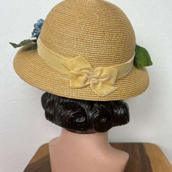 BLUE FLORAL 50’s 50s Cherries Berries & Pearls Vintage Straw Brimmed Sunhat Hat - Picture 11 of 16